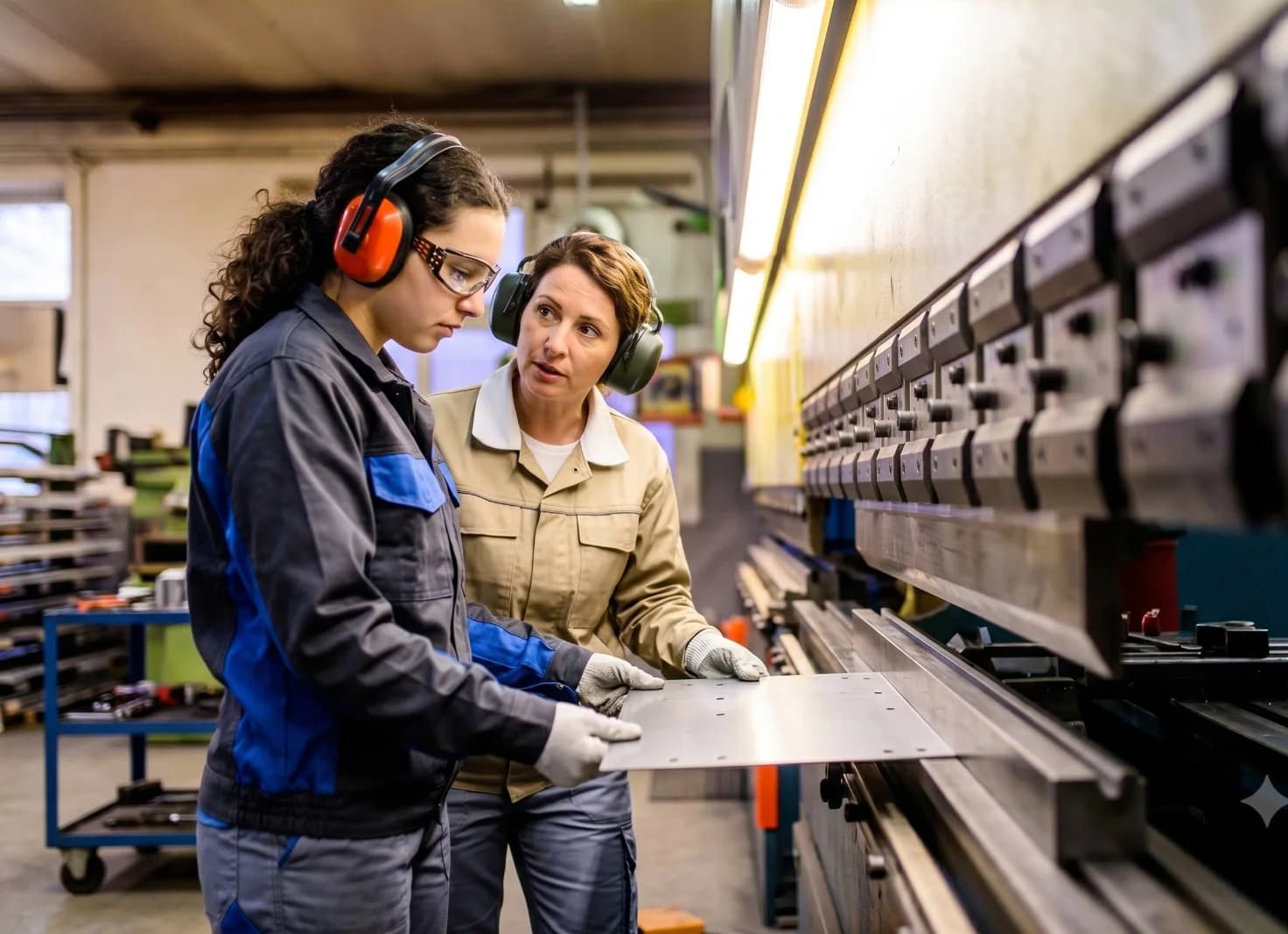 Two engineers reviewing sheet metal on a factory floor