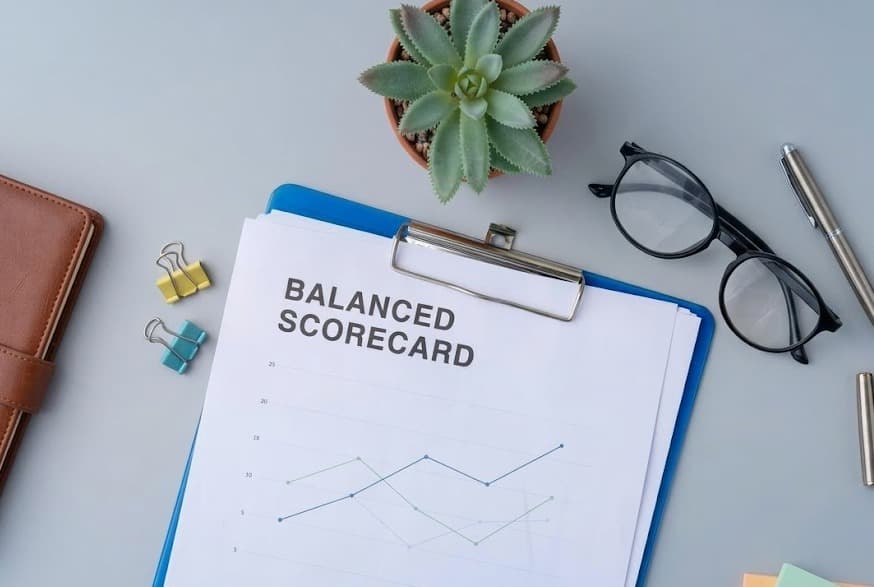 Balanced Scorecard clipboard with glasses and succulent