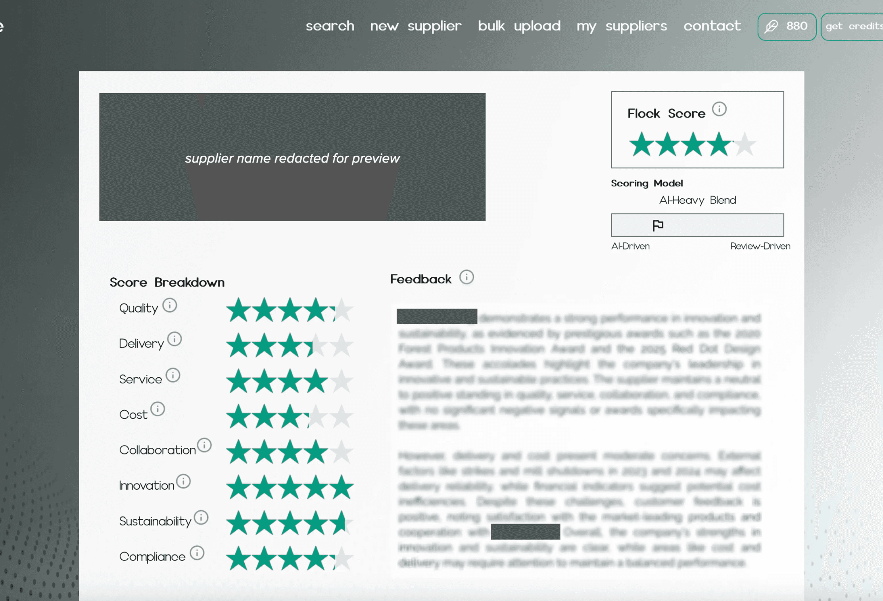 Redacted screenshot of a live FlockScore supplier scorecard