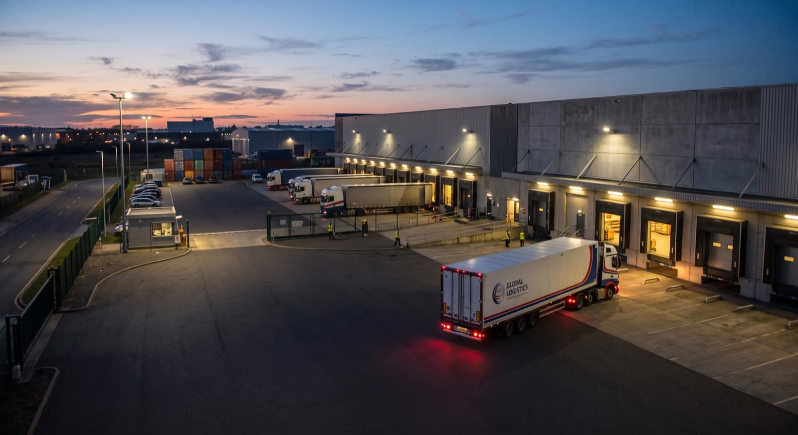 Lorry at a warehouse loading dock at dusk
