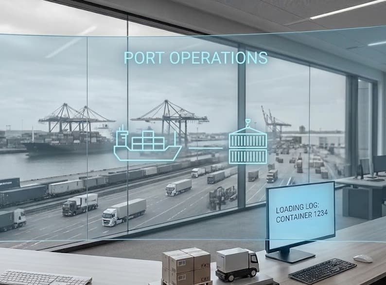 Port operations seen from an office window with a digital logistics overlay
