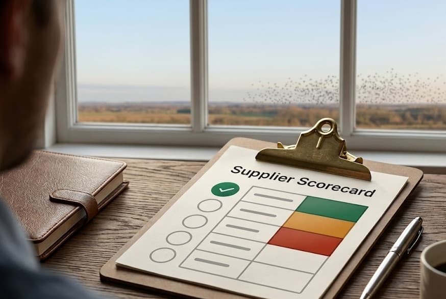 Supplier scorecard on a clipboard with a bird flock outside the window
