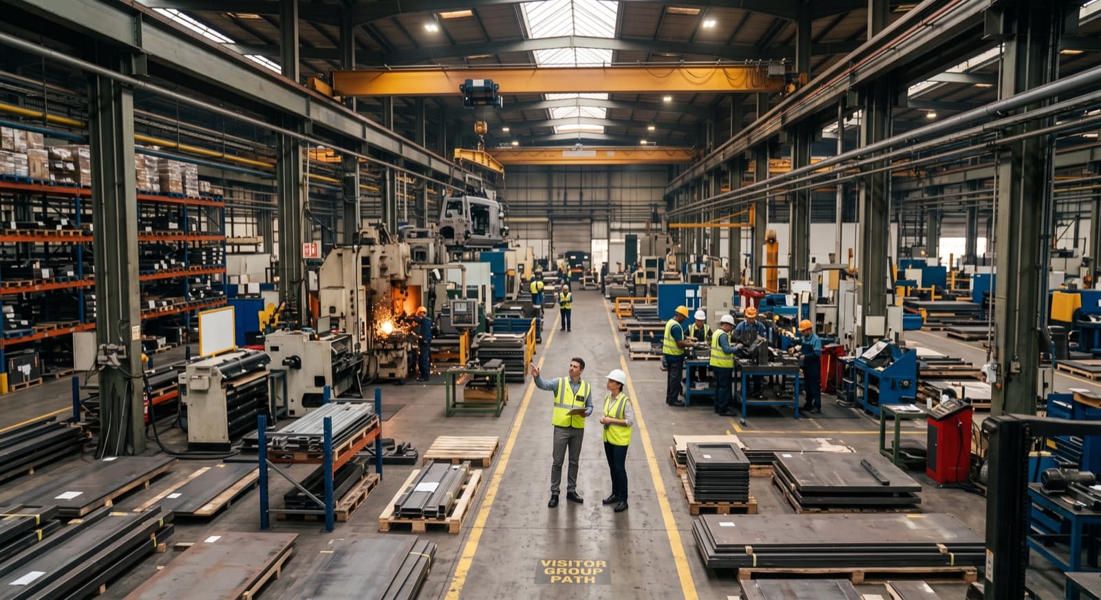 Supplier site visit: a visitor in a hi-vis vest being shown around a metalworking shop floor